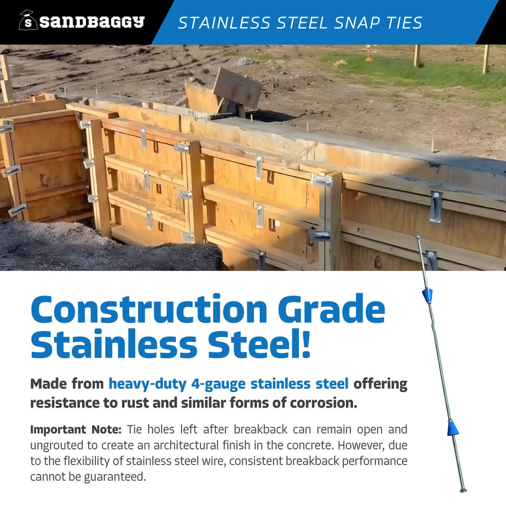 12" x 4 ¾" Stainless Steel Snap Ties For Concrete Forms (Short End) - 1" Plastic Cones