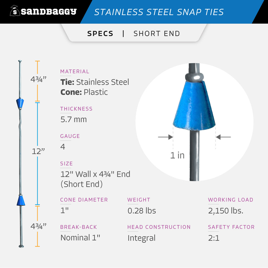 12" x 4 ¾" Stainless Steel Snap Ties For Concrete Forms (Short End) - 1" Plastic Cones