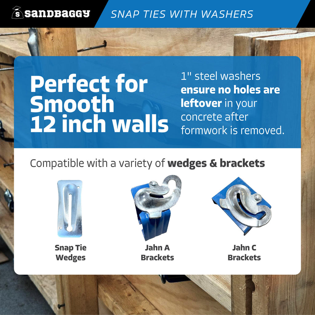 12" x 4 ¾" Standard Snap Ties For Concrete Forms (Short End) - 1" Flat Steel Washer
