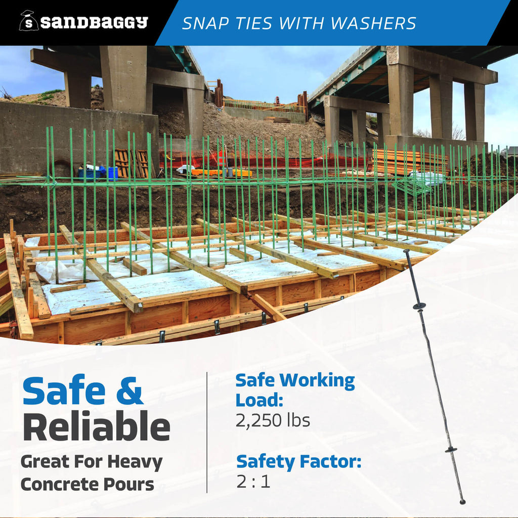 12" x 4 ¾" Standard Snap Ties For Concrete Forms (Short End) - 1" Flat Steel Washer