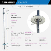 12" x 1 ⅝" Standard Snap Ties For Concrete Forms - 1" Cupped Loose Washer