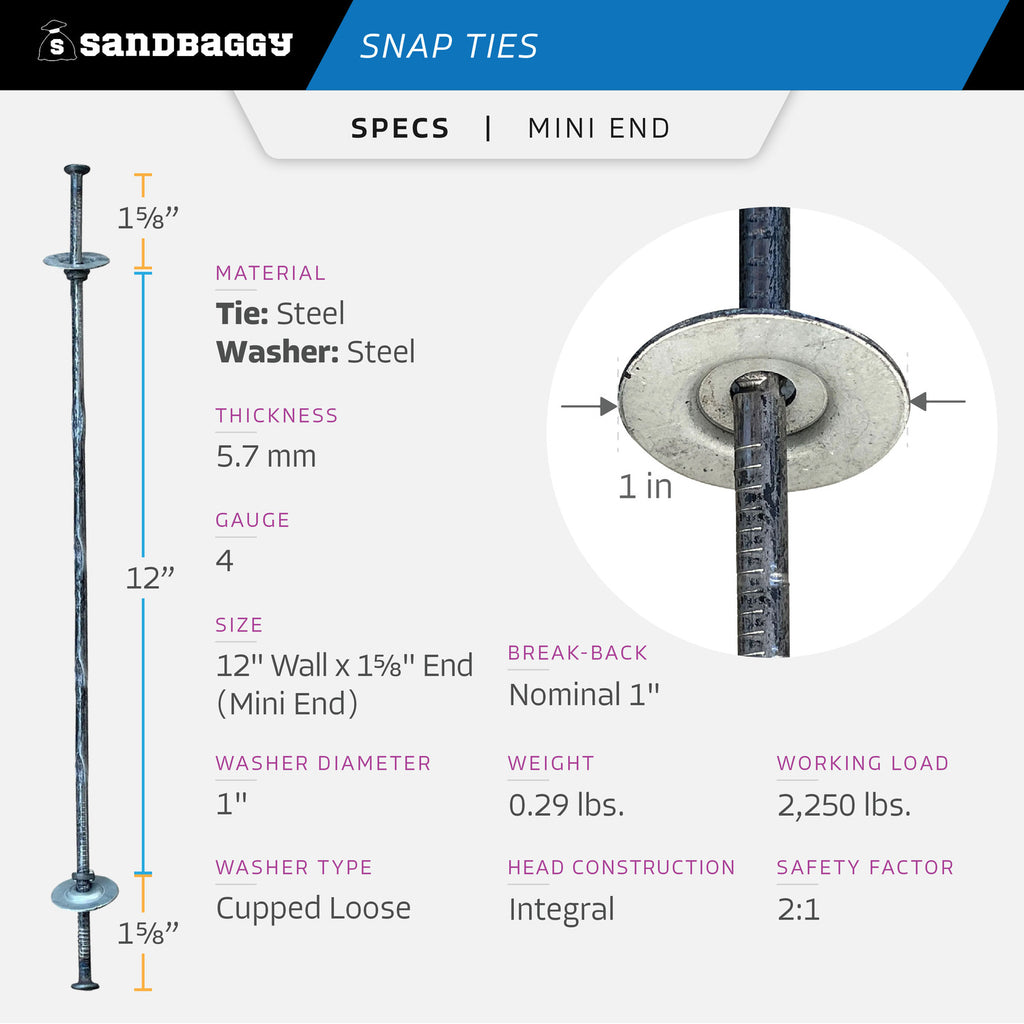 12" x 1 ⅝" Standard Snap Ties For Concrete Forms - 1" Cupped Loose Washer