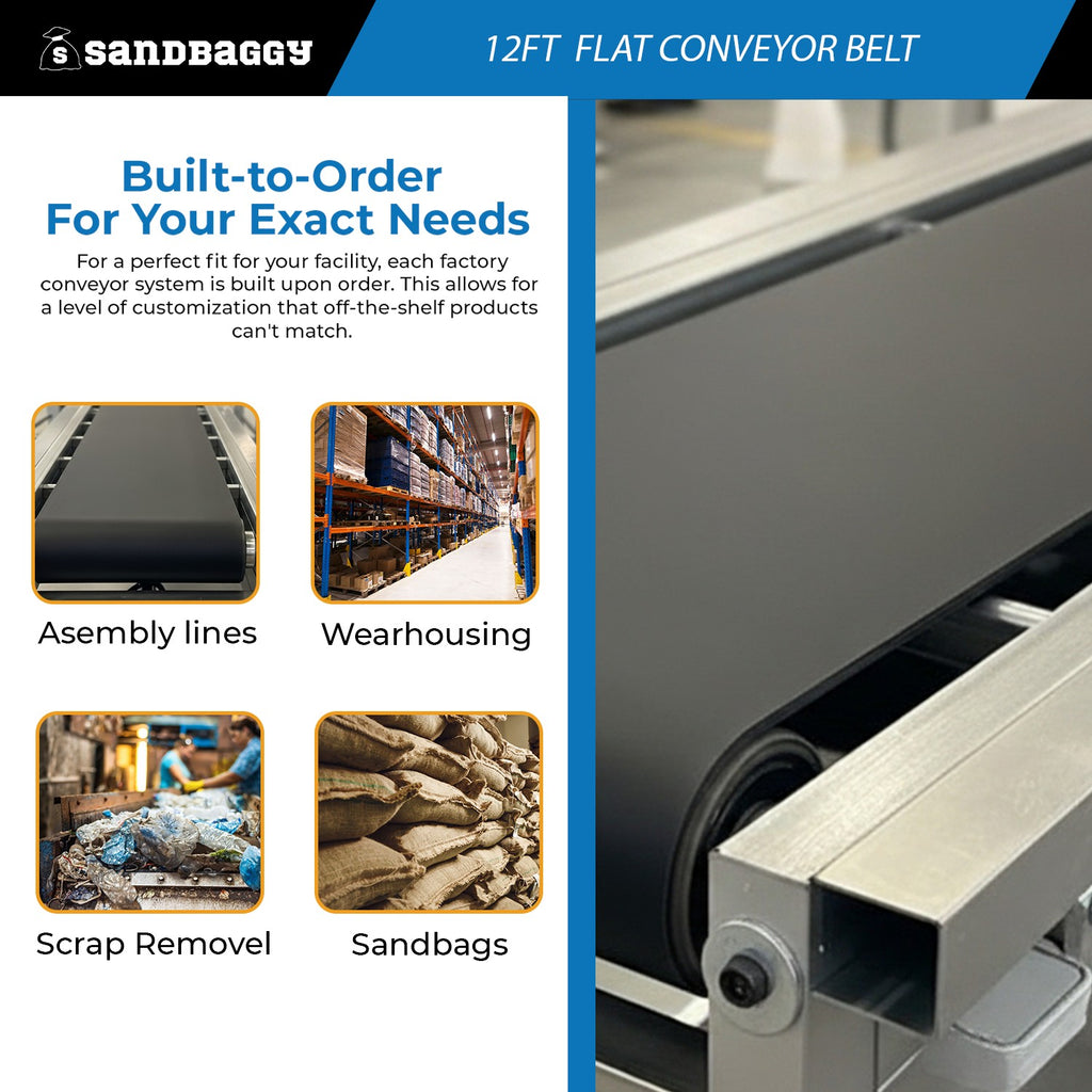 15.75" x 12 ft Conveyor Belt System | 1,100 lb Cap. | Flat Rubber Belt