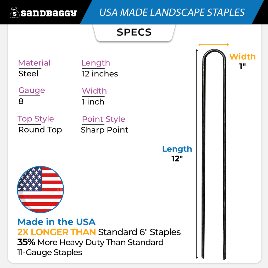 Extra Heavy Duty 12-Inch Landscape Staples – USA Made, 8 Gauge Steel - Round Top