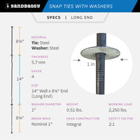 14" x 8 ¼" Standard Snap Ties For Concrete Forms (Long End) - 1" Flat Steel Washer