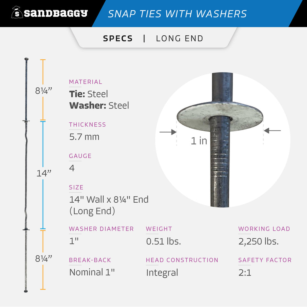 14" x 8 ¼" Standard Snap Ties For Concrete Forms (Long End) - 1" Flat Steel Washer