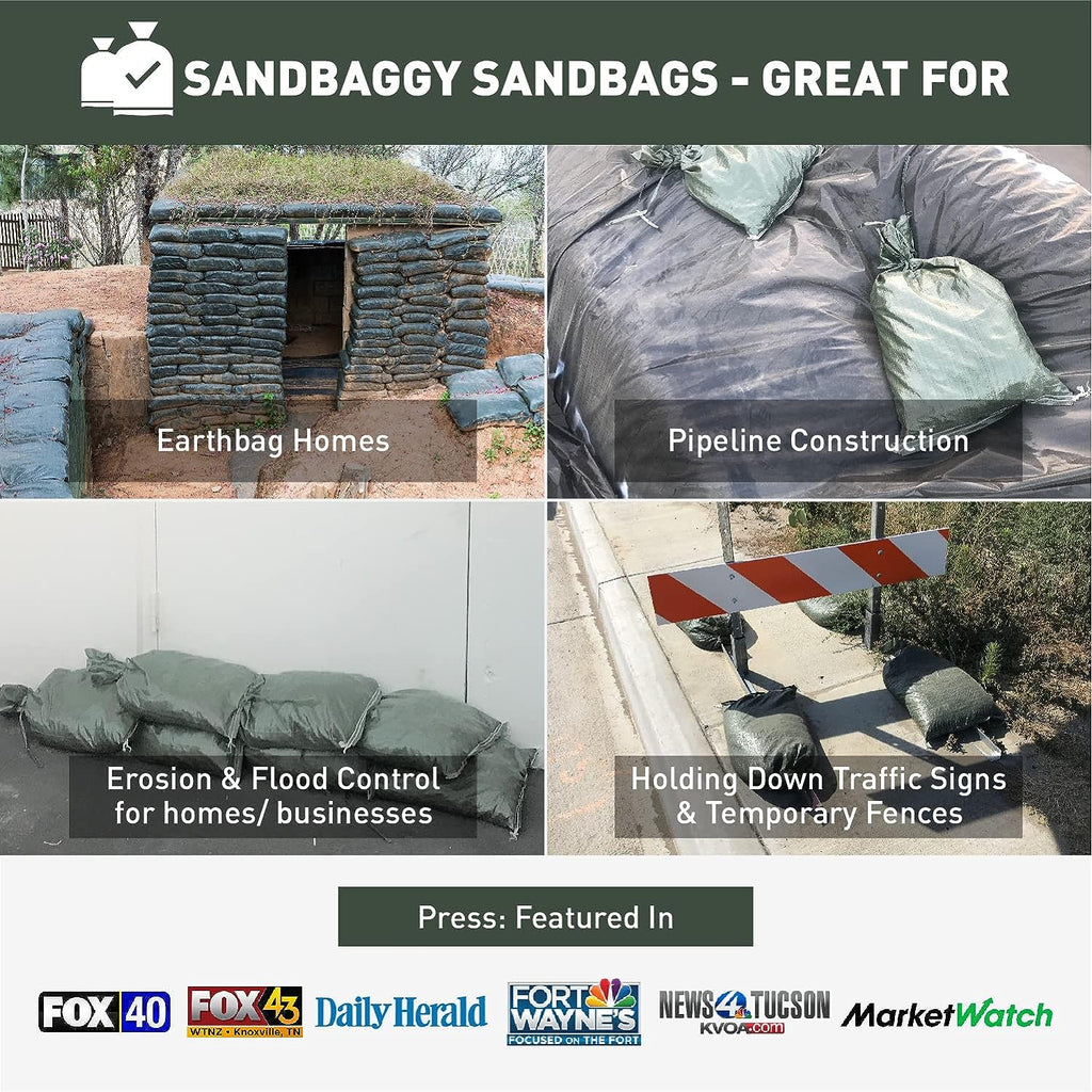 green sandbags for earthbag homes, construction, erosion and flood control, ballast / weight