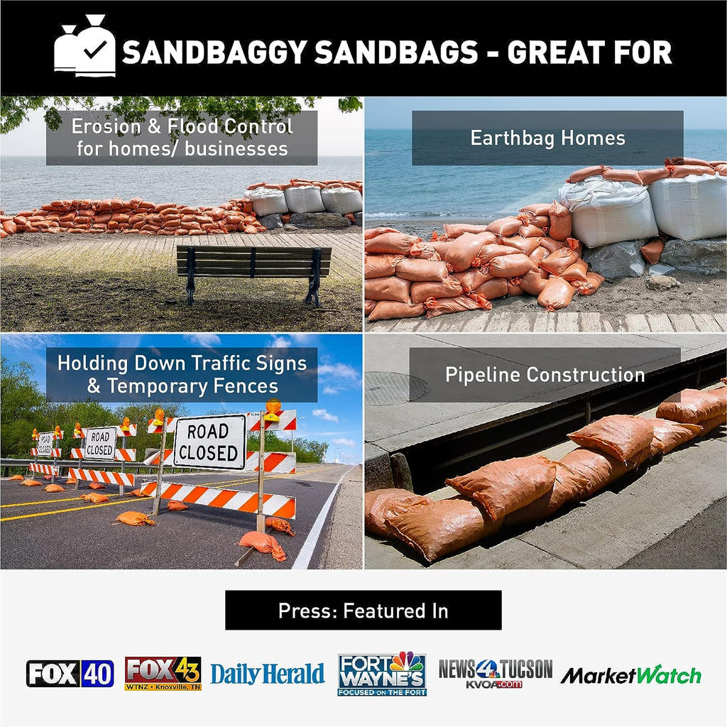 orange all purpose sandbags for flooding, earthbag homes, ballasts, erosion control, construction