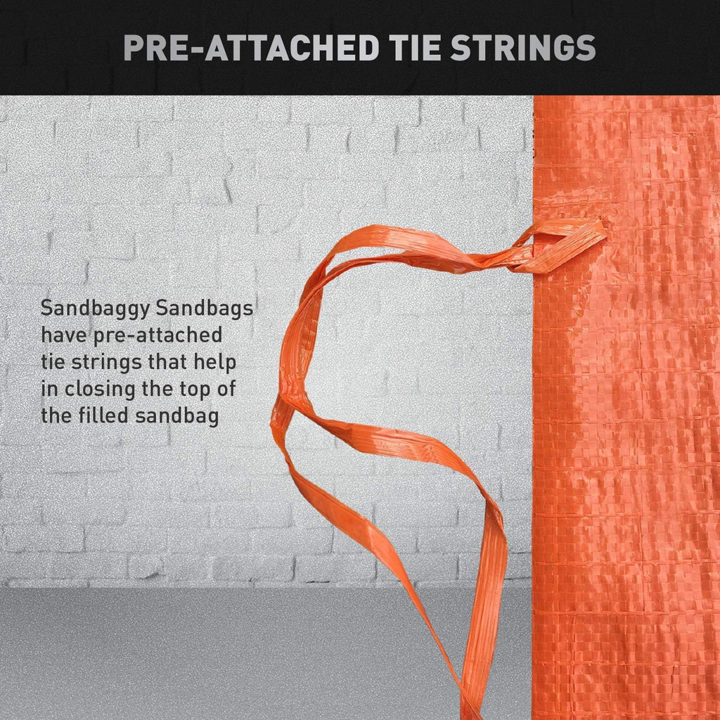 orange sandbags with tie strings attached