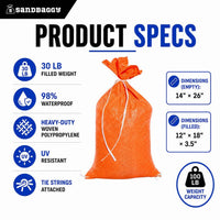 Pre-Filled Sandbags for Flooding – 14" x 26", 30 lb Bags by Pallet (Orange)