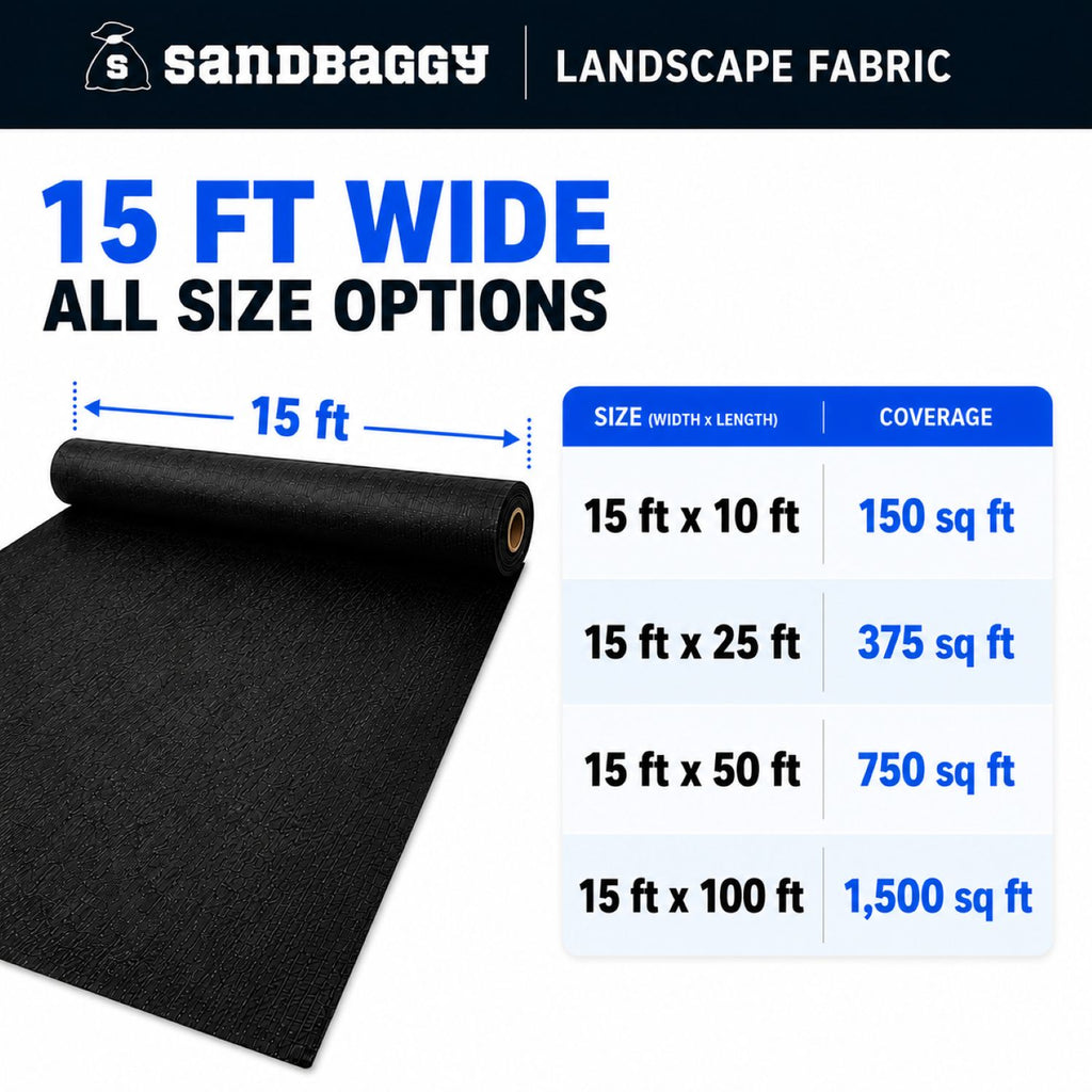 15 ft wide weed barrier fabric - available lengths - 10 ft, 25 ft 50 ft, 100 ft