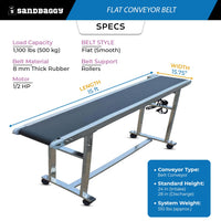 15.75" x 15 ft Conveyor Belt System | 1,100 lb Cap. | Flat Rubber Belt
