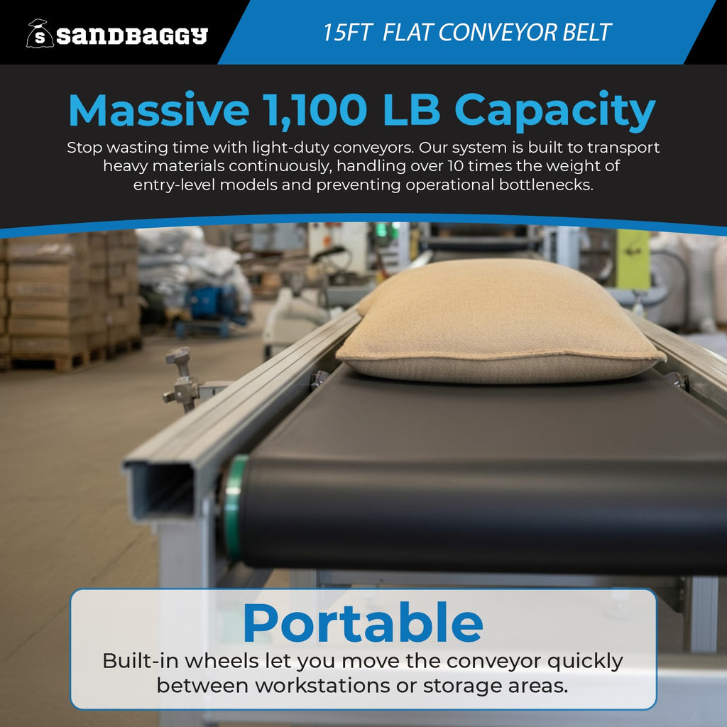 15.75" x 15 ft Conveyor Belt System | 1,100 lb Cap. | Flat Rubber Belt