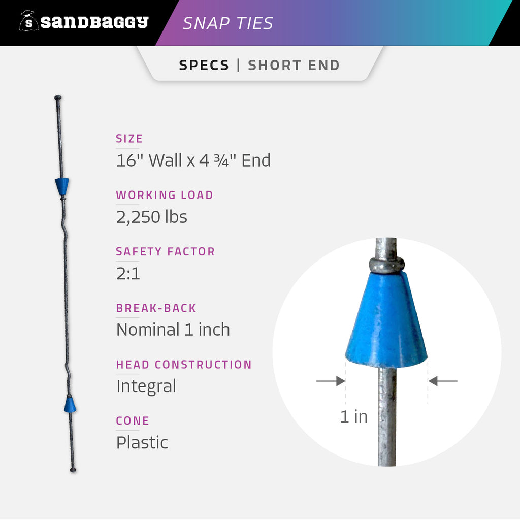 16" short end snap ties specifications