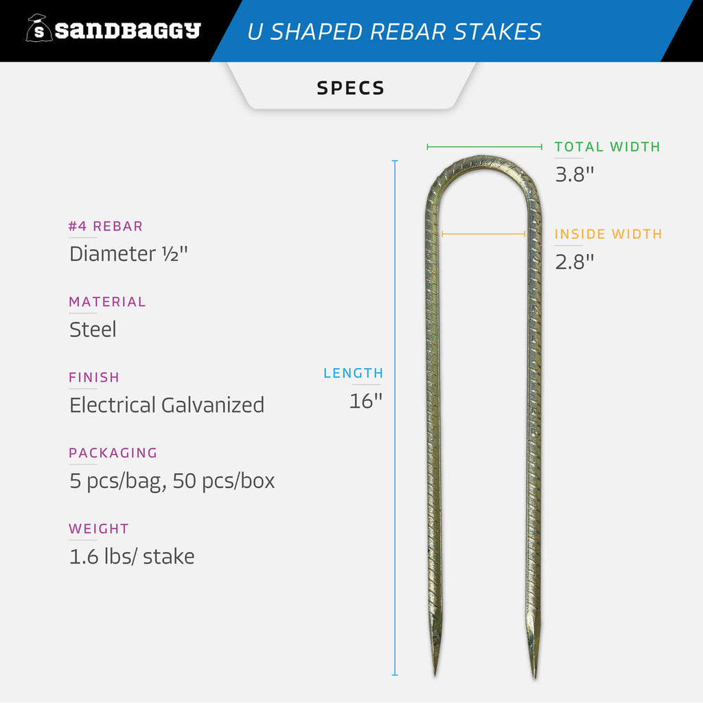 16" u shaped rebar stakes #4 Rebar - Specs