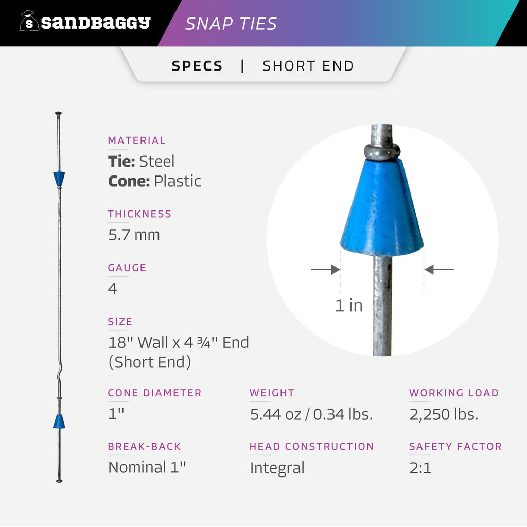 18" short end snap ties specs