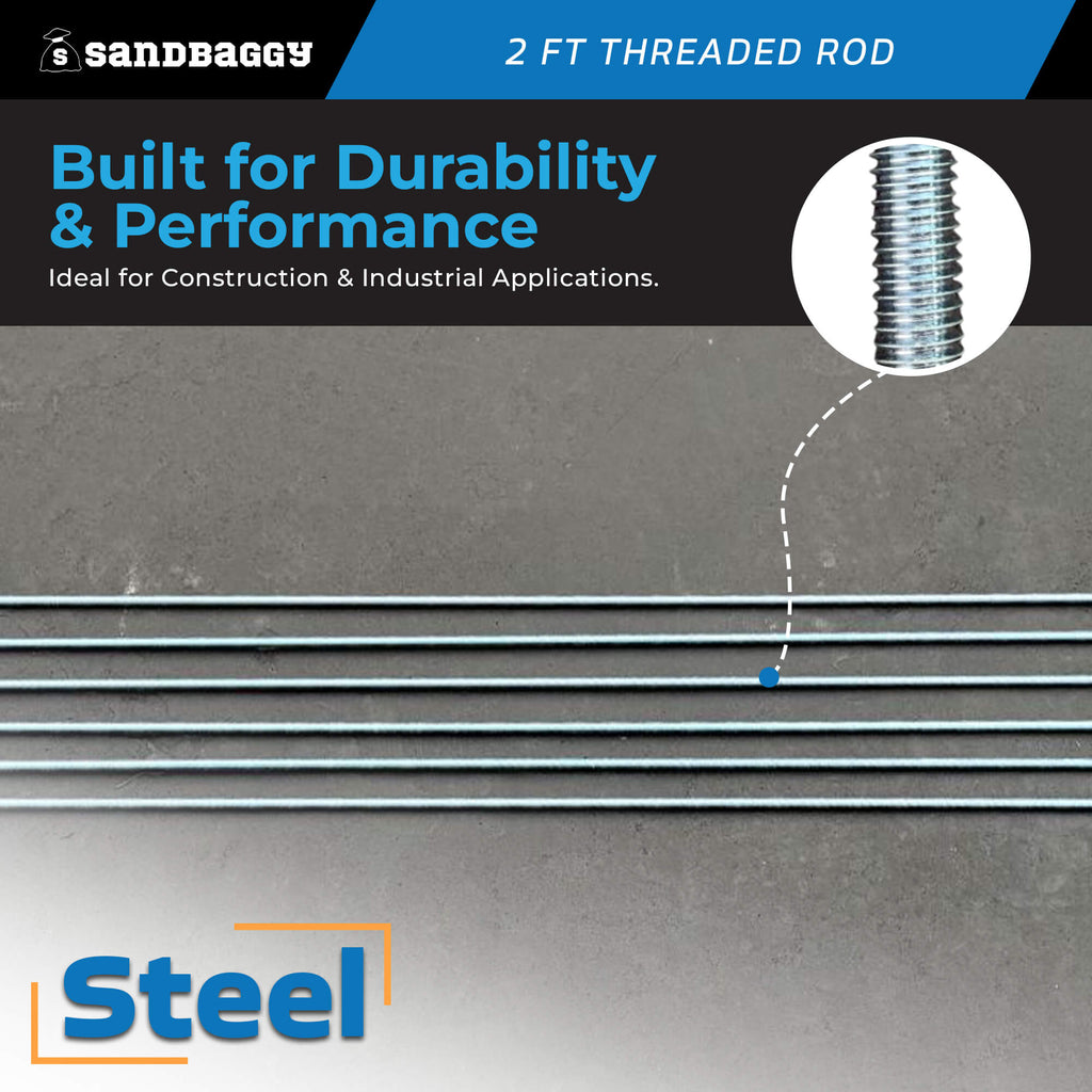 1/4" x 2 ft Threaded Rod - Galvanized (Zinc Plated)