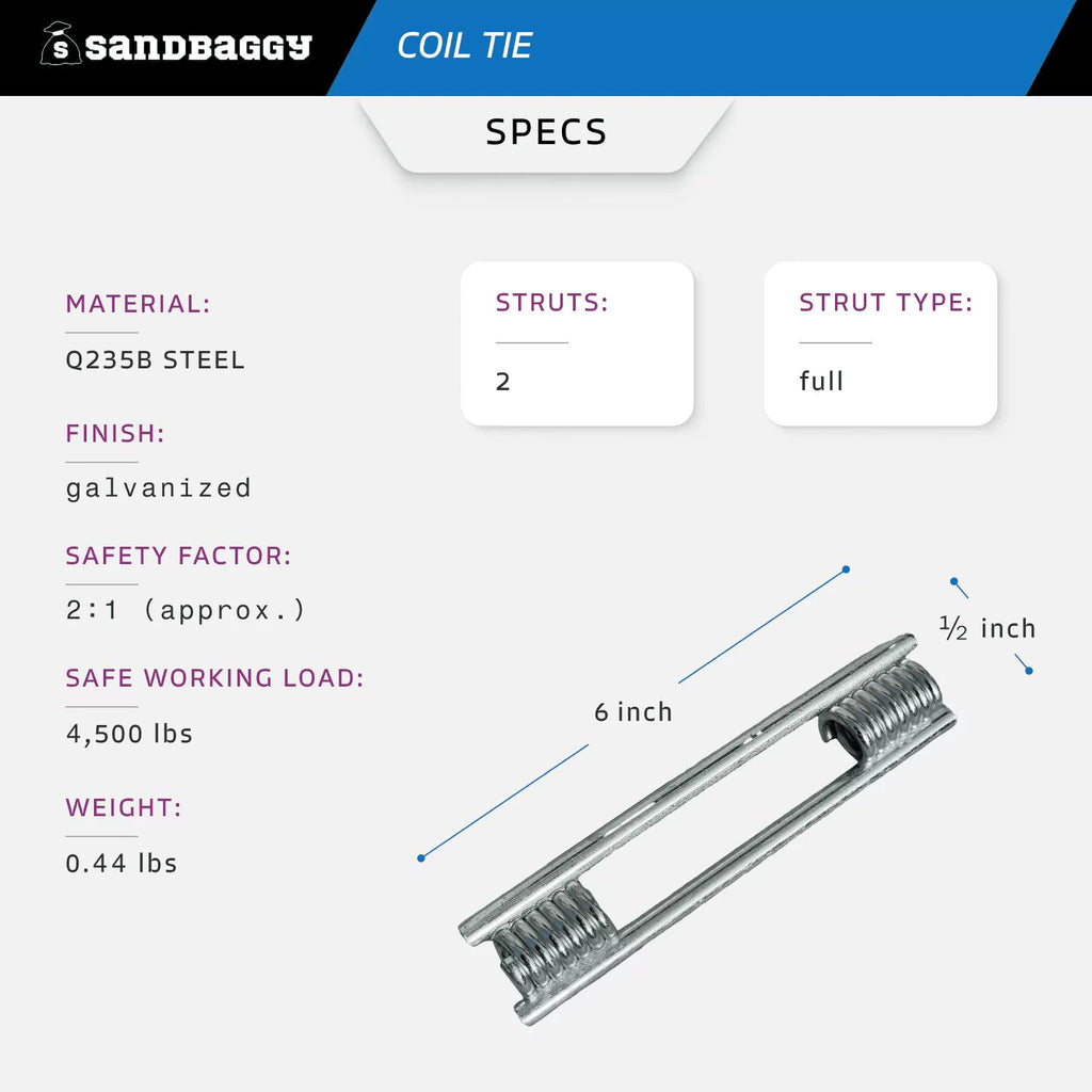 1/2" x 6" coil ties - 2 strut, full strut - specs