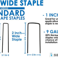 6" long x 2" wide landscape staples made with 9 gauge steel 