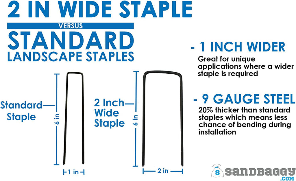 6" long x 2" wide landscape staples made with 9 gauge steel 