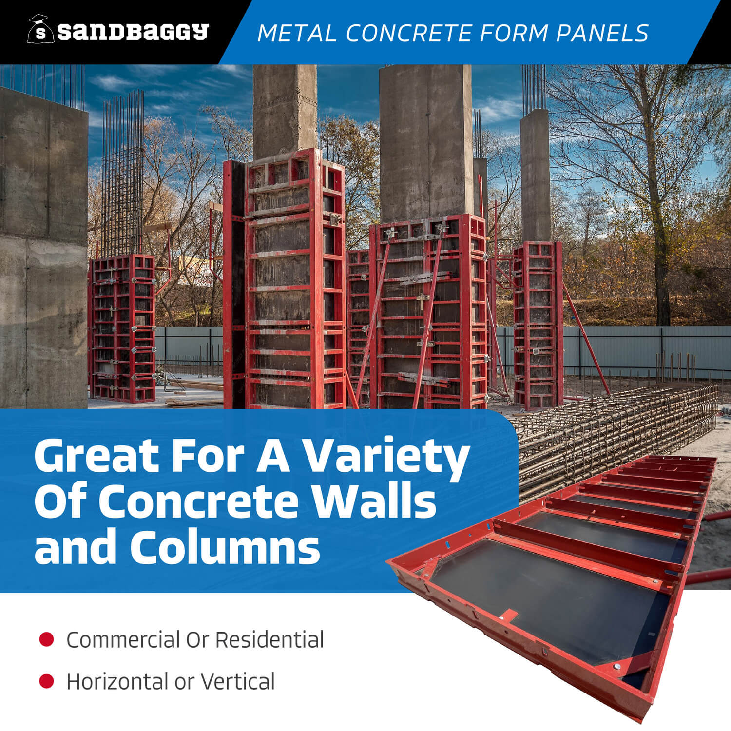 24 in x 8 ft Metal Concrete Form Panels For Walls & Columns – Sandbaggy