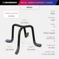 2" Metal Rebar Support Chairs - Plastic Dipped Legs - Rebar #3 to #11