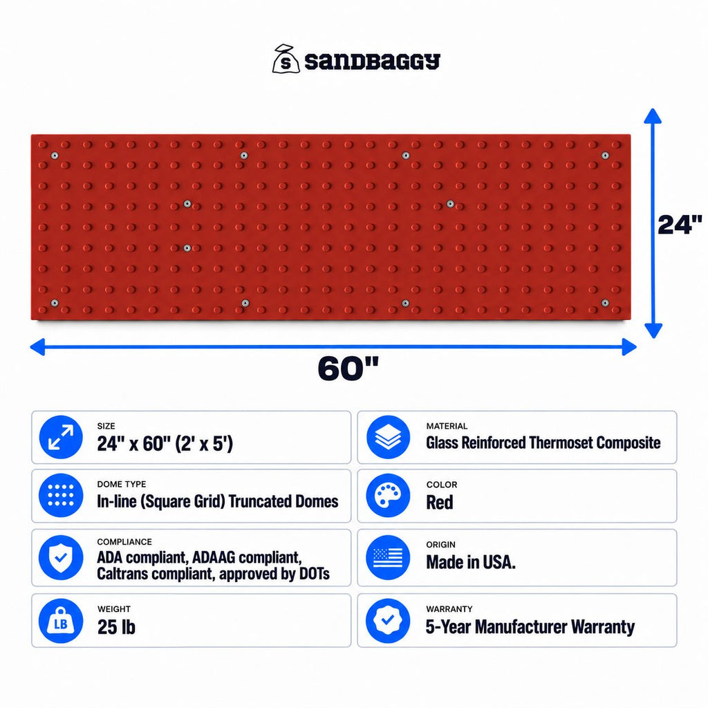 2x5 Red Cast in Place ADA Tile - USA Made Specs