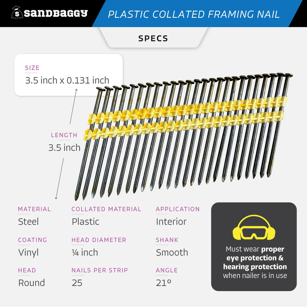 3-1/2 inch plastic collated framing nails - specs