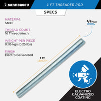 3/8" x 1 ft Threaded Rod - Galvanized (Zinc Plated)