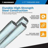 3/8" x 1 ft Threaded Rod - Galvanized (Zinc Plated)