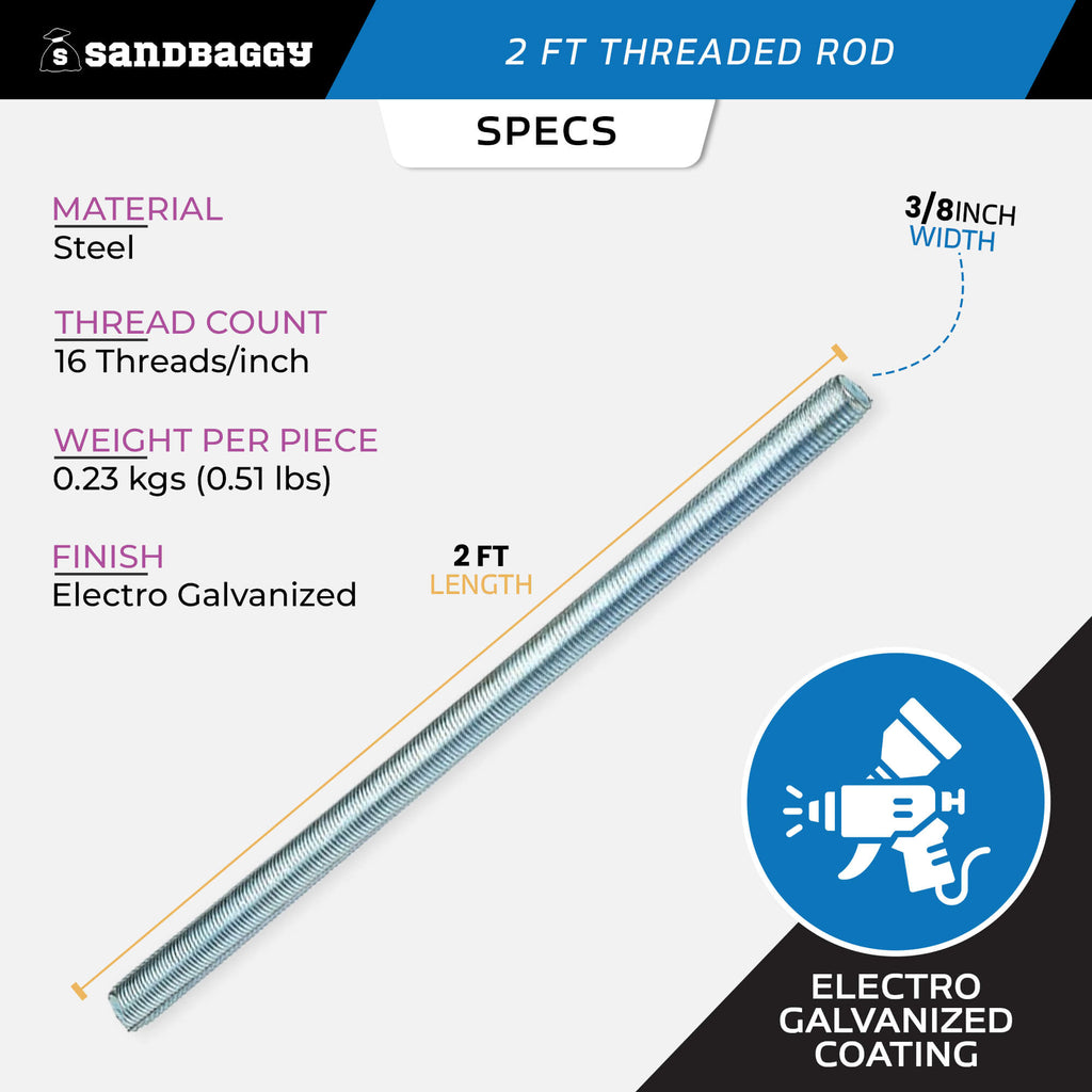 3/8" x 2 ft Threaded Rod - Galvanized (Zinc Plated)
