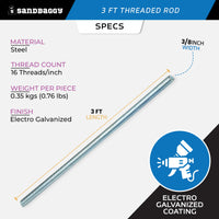 3/8" x 3 ft Threaded Rod - Galvanized (Zinc Plated)