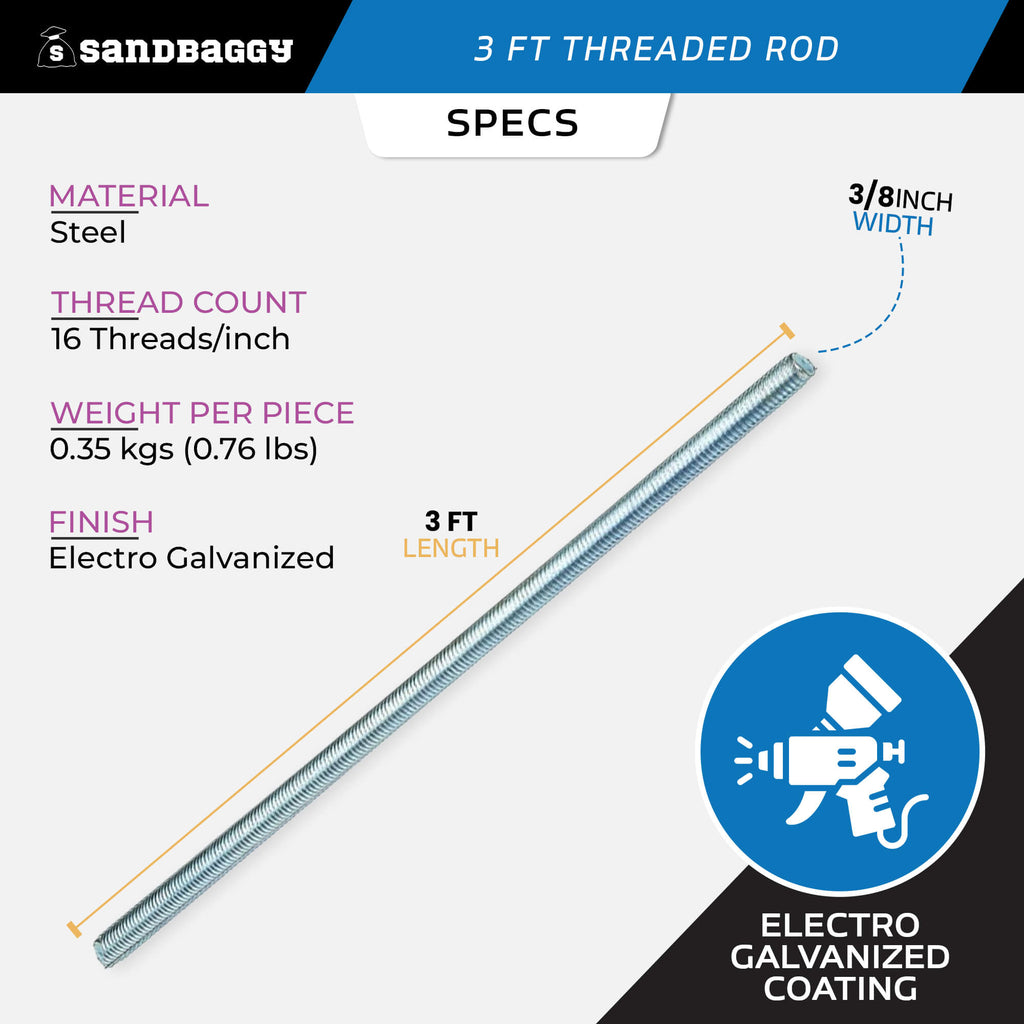 3/8" x 3 ft Threaded Rod - Galvanized (Zinc Plated)