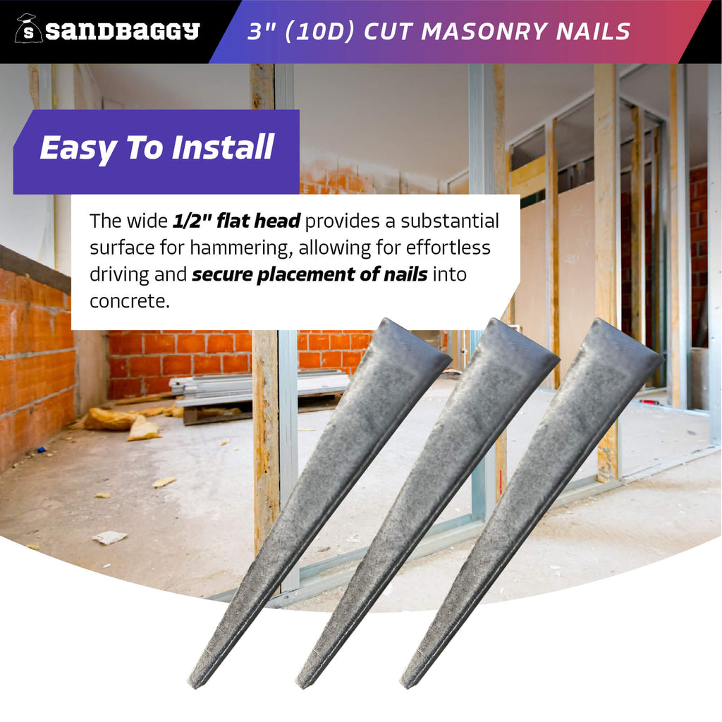 3 inch cut masonry nails with 1/2" flat head