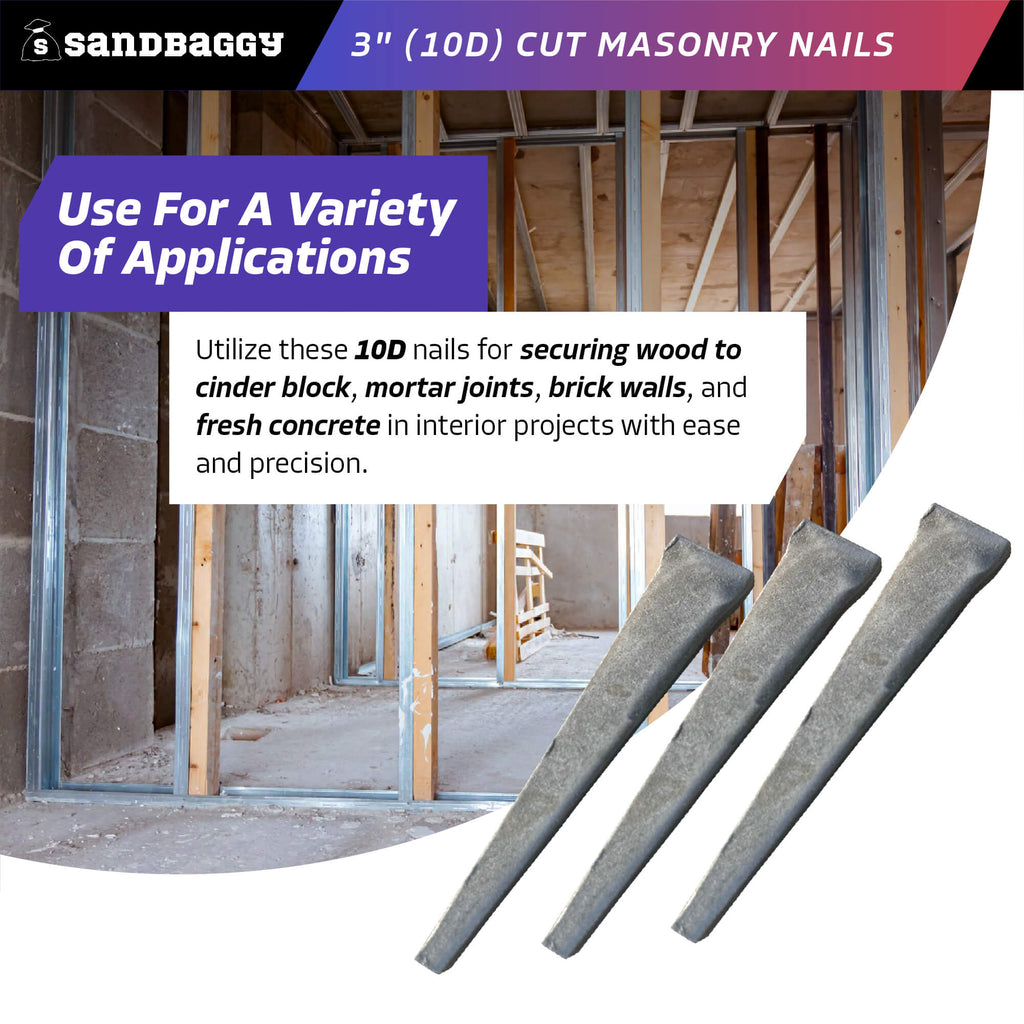 10d cut masonry nails for securing wood to cinder block, mortar joints, brick walls, fresh concrete