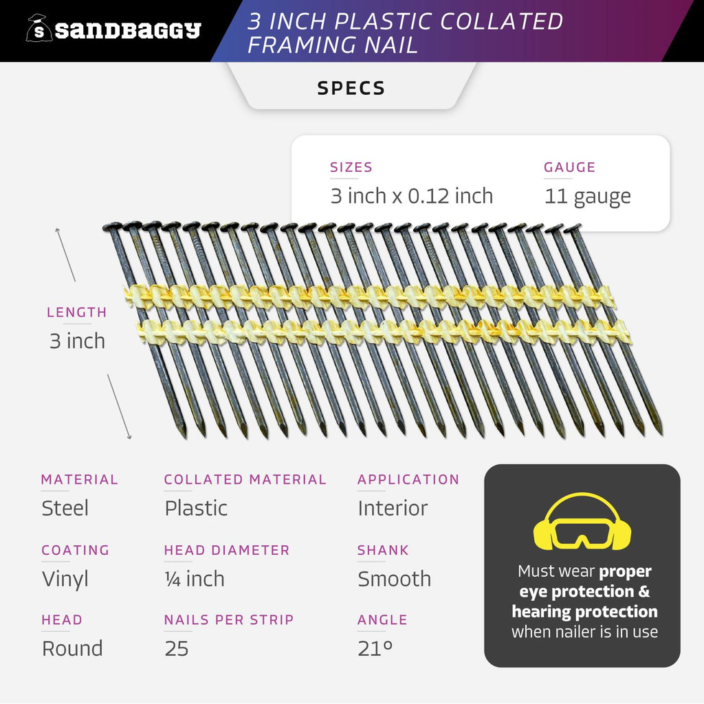3-inch plastic collated framing nails - 11 GAUGE specs