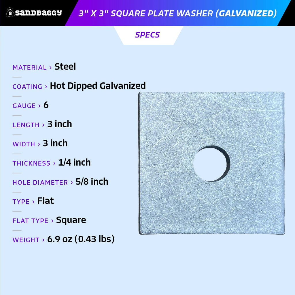 3" x 3" Galvanized square plate washers SPECS