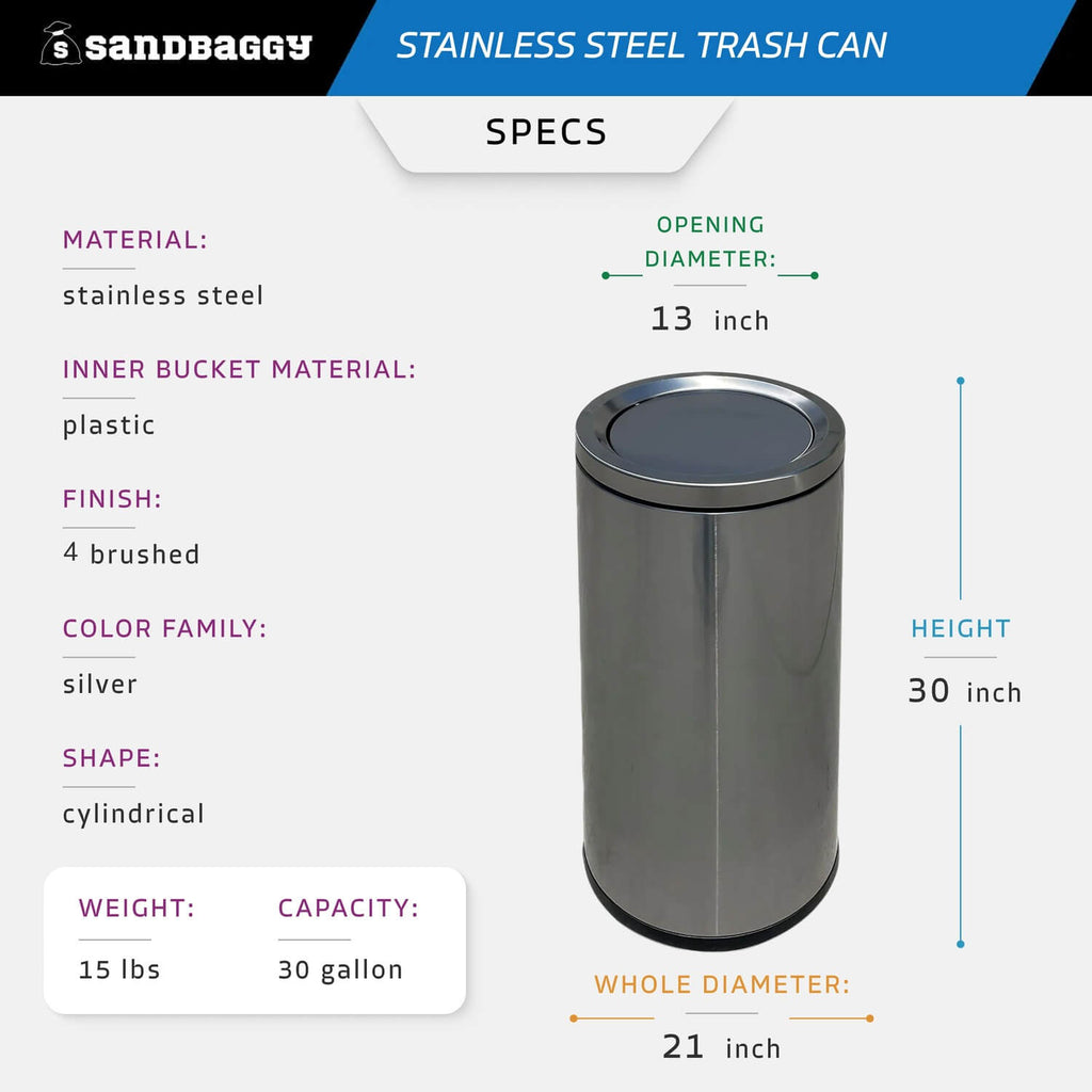 30 gallon stainless steel trash can - specs