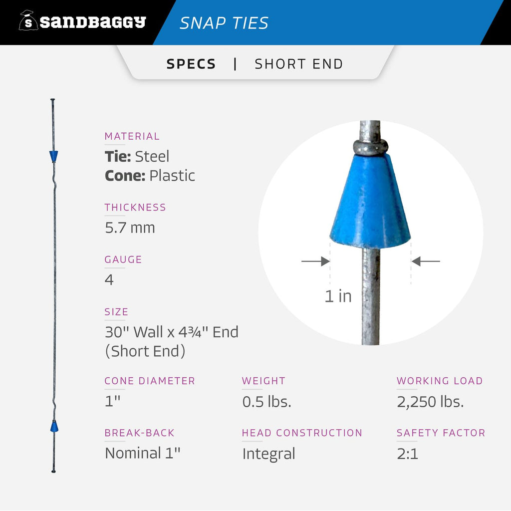 30" x 4 ¾" Standard Snap Ties For Concrete Forms (Short End) - 1" Plastic Cones