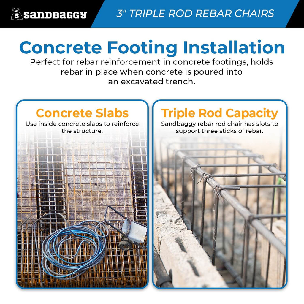 3 inch Steel Rebar Chairs for Concrete Footings - Triple Rod Capacity
