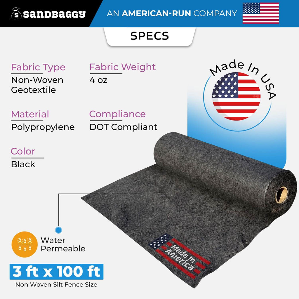 3 ft x 100 ft Non-Woven Geotextile Silt Fence Roll – 4 oz Erosion Control Barrier – USA Made