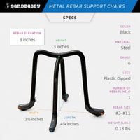 3" Metal Rebar Support Chairs - Plastic Dipped Legs - Rebar #3 to #11