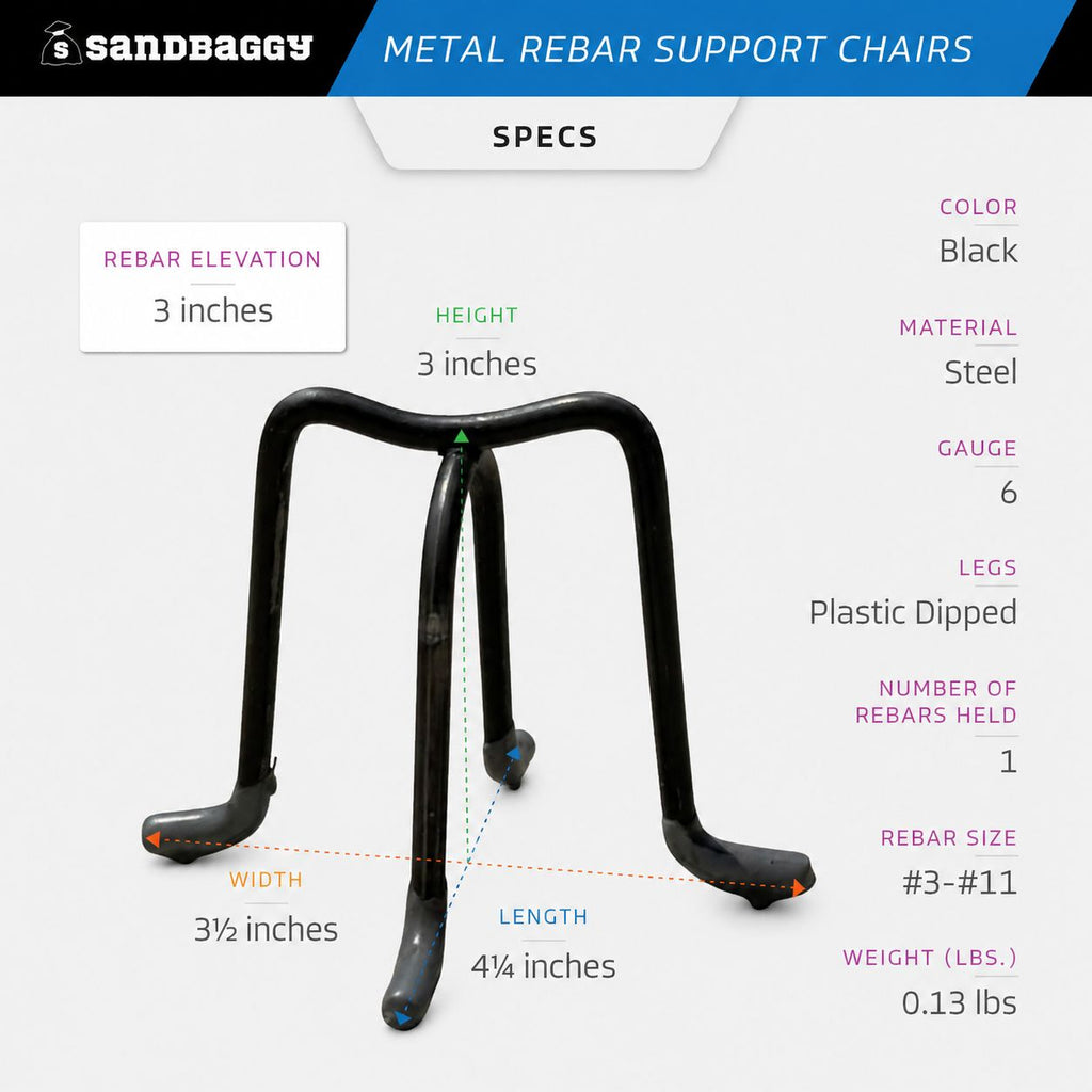 3" Metal Rebar Support Chairs - Plastic Dipped Legs - Rebar #3 to #11