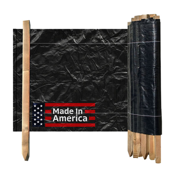 3 ft x 100 ft DOT Black Silt Fence with Wood Stakes (4 ft) - Sediment and Erosion Control - Made in USA