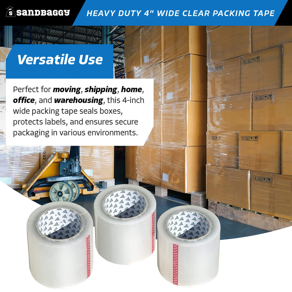 Heavy duty 4 inch wide clear packing tape rolls - moving, shipping, home office, warehousing