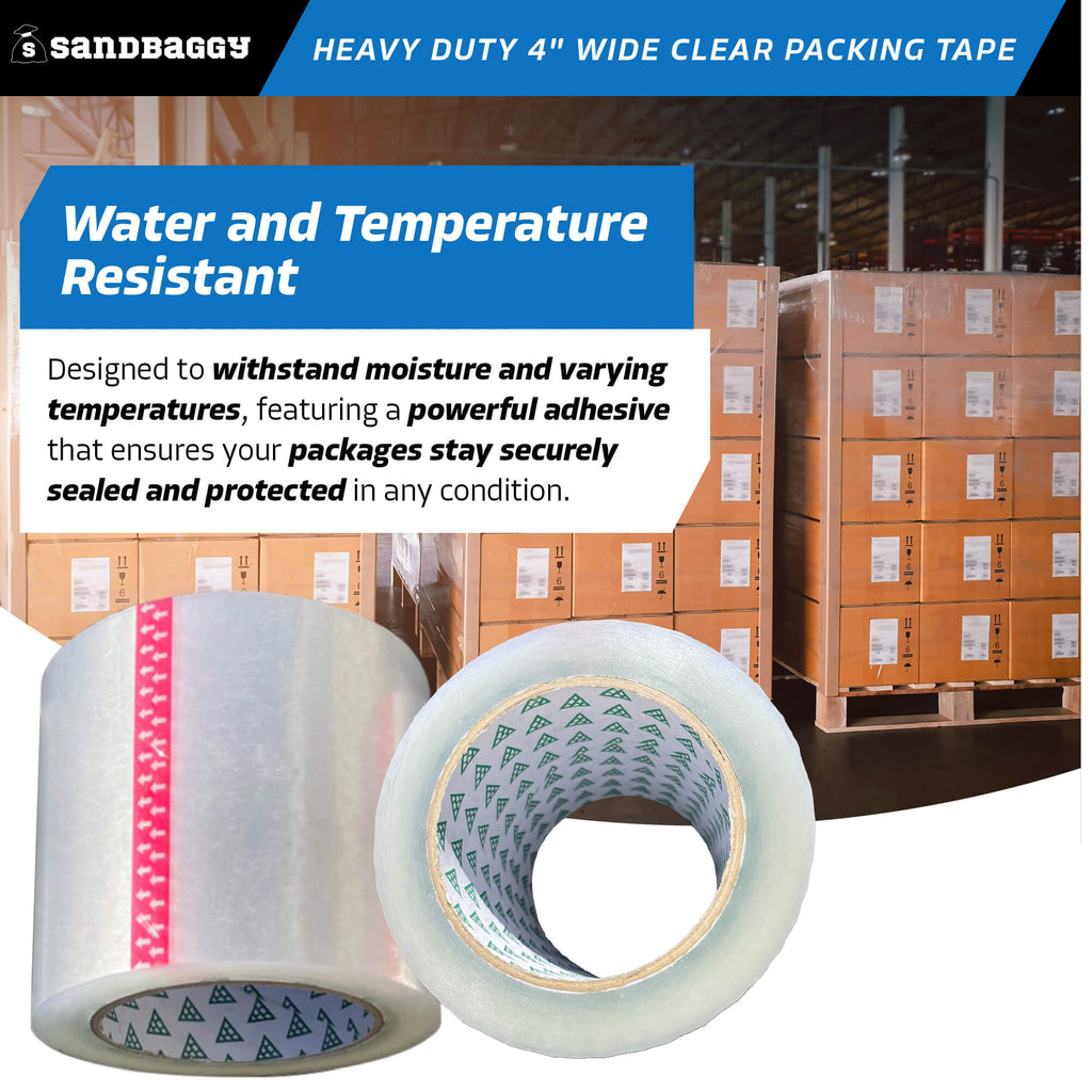 Heavy duty 4 inch wide clear packing tape rolls - water and temperature resistant