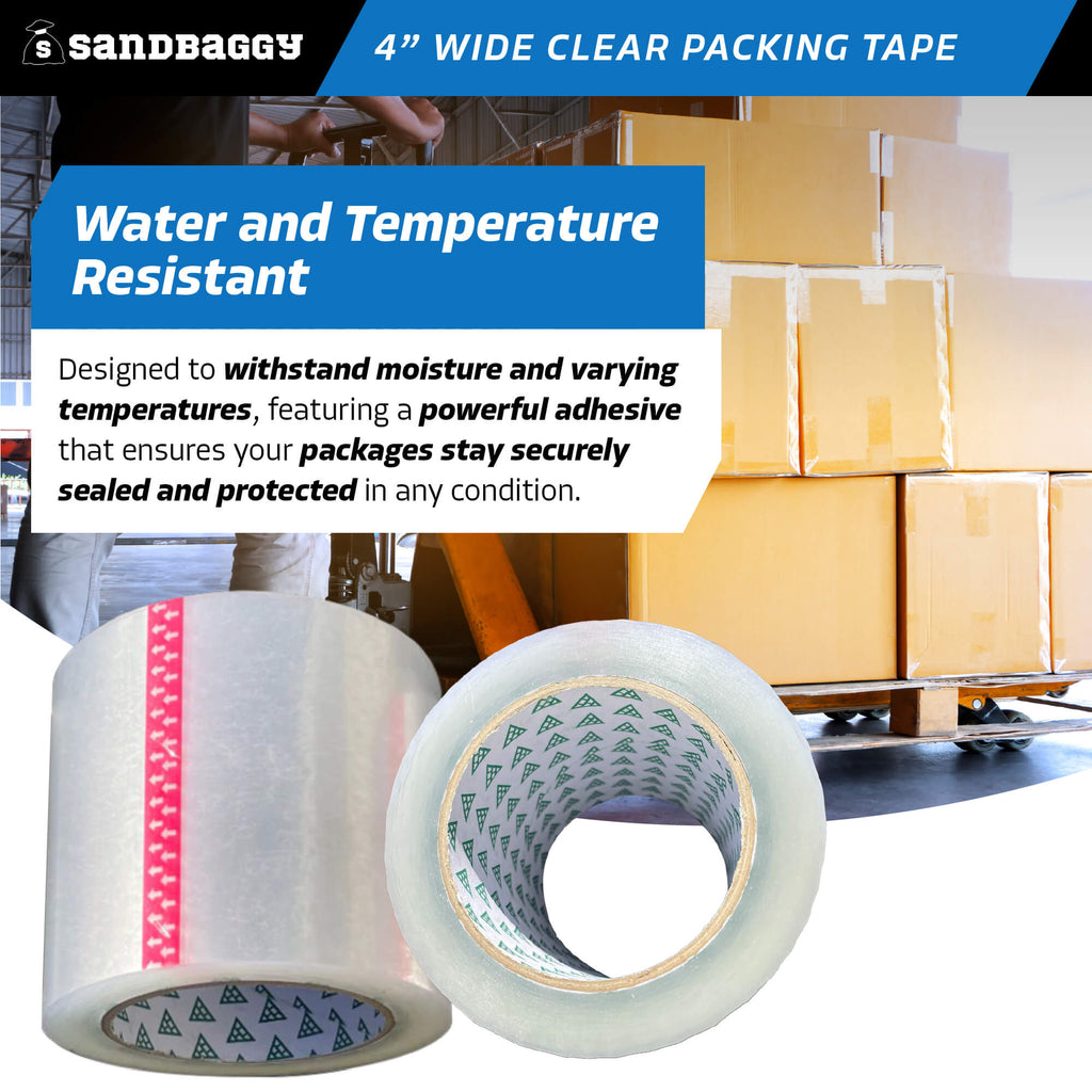 4 inch wide clear packing tape rolls - water and temperature resistant