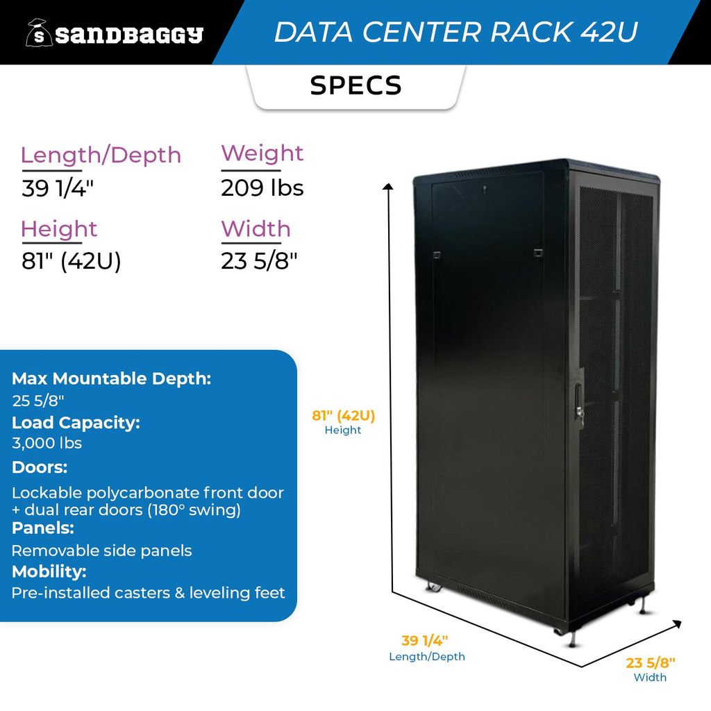 42U Data Center Rack - Lockable, Heavy Duty with Cooling Support