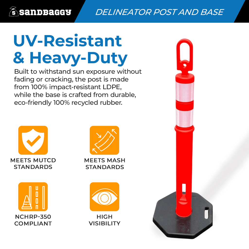 46" Plastic Traffic Delineator Post with Base - Reflective Bands (Orange)