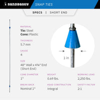 48" x 4 ¾" Standard Snap Ties For Concrete Forms (Short End) - 1" Plastic Cones